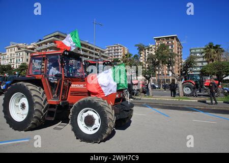 Les agriculteurs de la province de Salerne en procession avec leurs tracteurs arrivent dans la ville pour protester contre la politique agricole de l'Europe. Banque D'Images