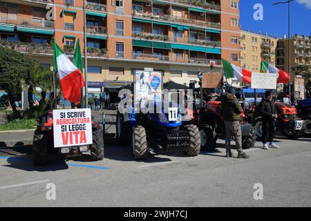 Les agriculteurs de la province de Salerne en procession avec leurs tracteurs arrivent dans la ville pour protester contre la politique agricole de l'Europe. Banque D'Images