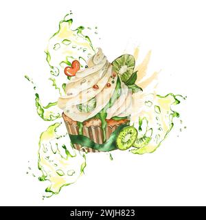 illustration aquarelle de gâteau avec de la crème et des tranches de kiwi. avec des feuilles, des sucettes. sur fond d'éclaboussure de confiture. isolé sur fond blanc. Banque D'Images