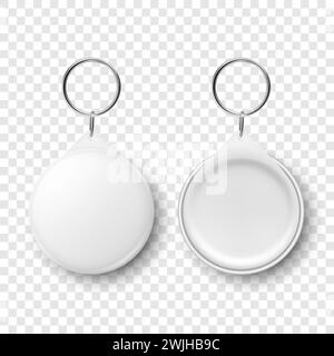 Vector 3d Realistic White Blank bouton badge rond avec porte-anneau en gros plan, isolé. Modèle de conception de badge d'identification, maquette. Modèle de conception pour accès Illustration de Vecteur