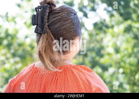 Gros plan femme d'âge moyen dos de la tête avec de longs cheveux gris brun, femme vieillissante, changements liés à l'âge, appréciation de soi, soins capillaires Banque D'Images