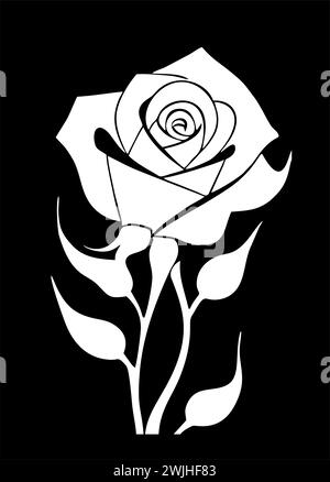 dessin graphique blanc d'une fleur de rose avec des feuilles sur un fond noir, logo Banque D'Images