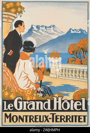 Affiche de voyage vintage. Hôtel le Grand à Montreux-Territet, Suisse . Un couple dans les années 1920 vêtements assis sur la terrasse surplombant le lac avec la montagne enneigée à l'arrière. Signé Audino Banque D'Images