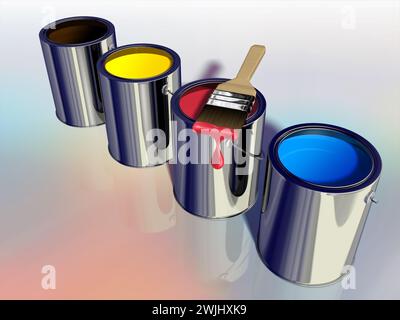 Couleurs primaires pour peindre dans des seaux de peinture. Illustration numérique. Banque D'Images