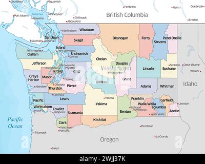 Carte politique colorée montrant les comtés qui composent l'État de Washington, situé aux États-Unis. Banque D'Images