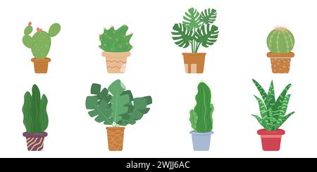 Ensemble d'éléments décoratifs pour la décoration intérieure. Cactus en pot et plantes exotiques. Décorations pour la maison. Illustration vectorielle plate. Illustration de Vecteur