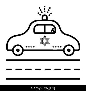 Icône de vecteur de ligne noire de voiture de police, signe de route et véhicule de patrouille avec sirène Illustration de Vecteur