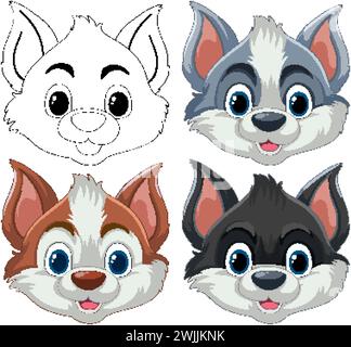 Quatre visages stylisés de chien de dessin animé avec différentes couleurs Illustration de Vecteur