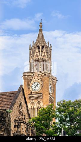 Gros plan de l'emblématique , ancien bâtiment de la tour Rajabai avec horloge et belles sculptures à Mumbai, Inde. Banque D'Images