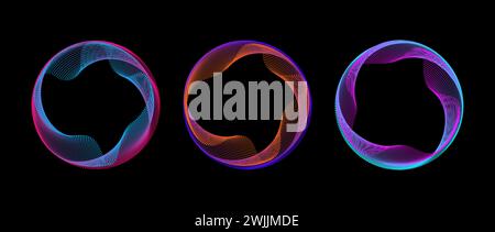 Ensemble de cercles en pointillés à gradient néon irisé. Collection de cadres techniques ronds et colorés. Cercles de ligne de points d'onde courbe sur fond noir. Paquet de bordure circulaire coloré. Ensemble d'éléments de conception vectorielle Illustration de Vecteur
