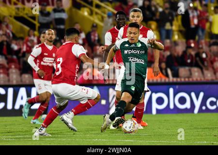 Bogota, Colombie. 13 février 2024. Marcelo Ortiz (l) de l'Independiente Santa Fe et Javier Reina (R) de Deportivo Cali lors du match BetPlay Dimayor entre Santa Fe (1) et Deportivo Cali (0) à Bogota, Colombie le 13 février 2024. Photo par : Cristian Bayona/long Visual Press crédit : long Visual Press/Alamy Live News Banque D'Images