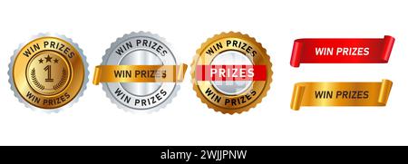 gagnez des prix emblème de sceau d'or en argent et ruban pour le trophée de réussite Illustration de Vecteur