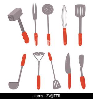 Ensemble d'accessoires de cuisine, spatule, écumoire, louche, presse-pommes de terre et marteau double face. Ensemble d'ustensiles de cuisine. Illustration de Vecteur