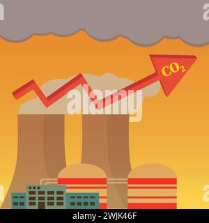 Bâtiment industriel avec de la fumée et une flèche ascendante rouge avec symbole CO2 Illustration de Vecteur