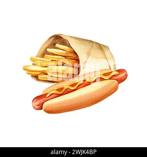 composition d'aquarelle avec de la nourriture rapide, illustration dessinée à la main de hot dog avec de la moutarde, pommes de terre frites dans un emballage artisanal isolé sur fond blanc, Banque D'Images