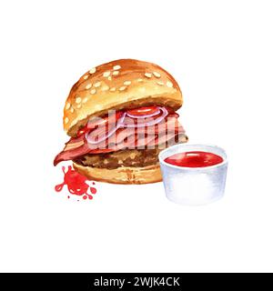 composition aquarelle avec restauration rapide, illustration dessinée à la main de hamburger avec oignon, tomates, bacon, souse de tomates rouges isolé sur fond blanc, Banque D'Images