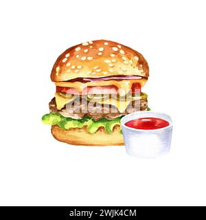 composition aquarelle avec de la restauration rapide, hamburger, illustration dessinée à la main de cheeseburger avec de la salade, tomates, fromage, moutarde, soupe de tomates rouges est Banque D'Images