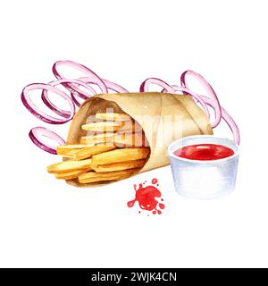 composition d'aquarelle avec de la restauration rapide, illustration dessinée à la main de tranches d'oignon, différentes éclaboussures, pommes de terre frites dans un emballage artisanal, tomates rouges Banque D'Images