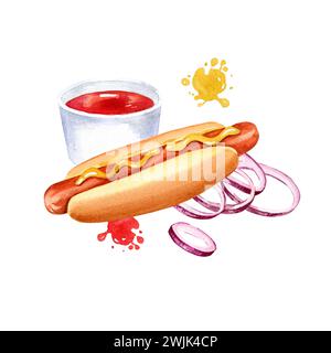 composition aquarelle avec restauration rapide, illustration dessinée à la main de tranches d'oignon, hot dog à la moutarde, soupe de tomates rouges et différentes éclaboussures iso Banque D'Images