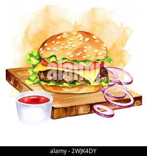 composition aquarelle de la restauration rapide sur planche à découper en bois, illustration dessinée à la main de cheeseburger avec salade, tomates, fromage, tranche d'oignon, rouge Banque D'Images