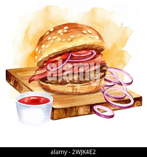 composition aquarelle de la restauration rapide sur planche à découper en bois, illustration dessinée à la main de hamburger avec oignon, tomates, bacon, tranche d'oignon rouge, rouge à Banque D'Images