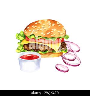 composition aquarelle avec restauration rapide, hamburger, illustration dessinée à la main de cheeseburger avec salade, tomates, fromage, moutarde, tranches d'oignon rouge, Banque D'Images