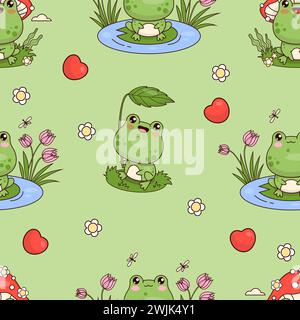 Modèle sans couture avec des grenouilles sur fond vert avec des fleurs et des coeurs. Personnage animal mignon kawaii. Illustration vectorielle. Collection enfants Illustration de Vecteur