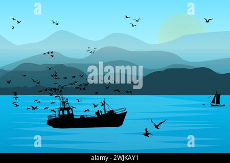 Paysage avec bateau de pêche, lever du soleil et Hills.Silhouette de barge de pêche, rivage avec Mountains.Vessel naviguant dans la rivière ou le lac.Calm mer, bateau, littoral Illustration de Vecteur