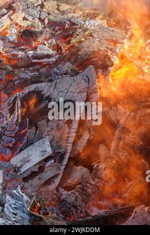 Fond de feu brûlant. Bois brûlé noir et autres matériaux avec des flammes orange et des braises en gros plan. Image verticale. Banque D'Images