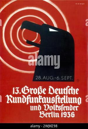 «13. Große Deutsche Rundfunkausstellung und Volksempfänger Berlin 1936' ['13e grande exposition de la radio allemande et récepteur du peuple Berlin 1936'] publicité allemande vintage avec une silhouette noire frappante d'un aigle sur un fond de cible rouge et blanc audacieux, révélateur du style graphique fort des années 1930 Banque D'Images