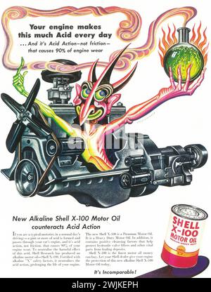 1952 Shell X-100 Motor Oil ad - Acid Monster - art par Artzybasheff Banque D'Images