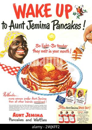 1950 annonce de crêpes et gaufres tante Jemima. Le mélange de crêpes de marque tante Jemima est produit par la Pearl Milling Company depuis 1889 Banque D'Images