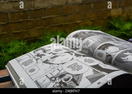 25 juin 2023, la photo de bande dessinée est ouverte sur un fond de table en bois, Wonosobo.Indonesia Banque D'Images