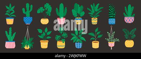 Plantes dans des pots suspendus. Ensemble de pots de fleurs maison Illustration de Vecteur