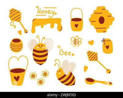 Miel serti avec des abeilles pour un design d'emballage minimaliste des produits à base de miel et pour l'apiculture Illustration de Vecteur