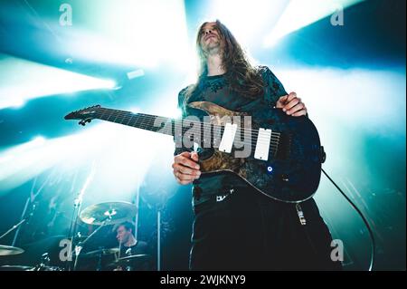 Copenhague, Danemark. 15 février 2024. Le groupe de rock progressif allemand Unprocessing donne un concert à Amager Bio à Copenhague. Ici le guitariste Christoph Schultz est vu en direct sur scène. (Crédit photo : Gonzales photo/Alamy Live News Banque D'Images