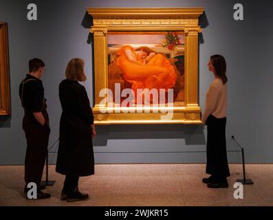 Londres, Royaume-Uni. 16 février 2024. Flaming June à la Royal Academy of Arts Le tableau est prêté par le Museo de Arte de Ponce à Porto Rico et sera exposé gratuitement dans la Galerie de la collection de RA jusqu'en janvier 2025. La peinture est un trésor bien-aimé et considéré comme Frédéric, chef-d'œuvre de Lord Leighton PRA de la période victorienne. Crédit : Karl Black/Alamy Live News Banque D'Images