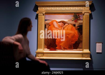 Londres, Royaume-Uni. 16 février 2024. Flaming June à la Royal Academy of Arts Le tableau est prêté par le Museo de Arte de Ponce à Porto Rico et sera exposé gratuitement dans la Galerie de la collection de RA jusqu'en janvier 2025. La peinture est un trésor bien-aimé et considéré comme Frédéric, chef-d'œuvre de Lord Leighton PRA de la période victorienne. Crédit : Karl Black/Alamy Live News Banque D'Images