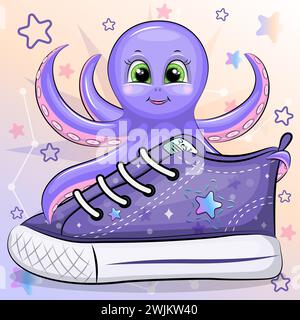 Une pieuvre de dessin animé mignonne avec une sneaker. Illustration vectorielle d'un animal sur un fond coloré avec des étoiles. Illustration de Vecteur