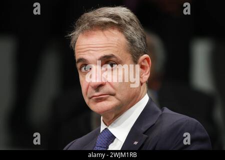 München, Bayern, Deutschland, 16.02.2024 : Hotel Bayerischer Hof : Münchner Sicherheitskonferenz MSC - Tag 1 : Griechenlands Ministerpräsident Kyriakos Mitsotakis BEI einer der ersten offiziellen Veranstaltungen : ouverture de la mairie monnaie pour le changement: politique mondiale sur un budget *** Munich, Bavière, Allemagne, 16 02 2024 Hotel Bayerischer Hof Munich Conférence sur la sécurité MSC jour 1 premier ministre grec Kyriakos Mitsotakis lors de l'un des premiers événements officiels ouverture de la monnaie de la mairie pour le changement politique mondiale sur un budget Copyright : xdtsxNachrichtenagenturx dts 30760 Banque D'Images