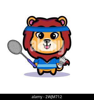 Symbole d'illustration d'art mascotte personnage animal design kawaii équipement de costume de lion de badminton Illustration de Vecteur