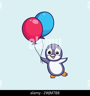 Un pingouin heureux volant avec l'illustration vectorielle de ballons colorés. Mignon oiseau Penguin drôle autocollant de bande dessinée. Art vectoriel de style plat animal sauvage Illustration de Vecteur