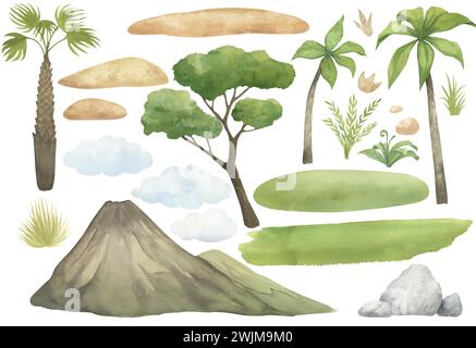 Illustration aquarelle d'un ensemble d'éléments de paysage dessinés à la main : montagnes, arbres, herbe, nuages, rochers et sable isolés. Constructeur Banque D'Images