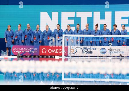 Doha, Qatar. 16 février 2024. DOHA, QATAR - 16 FÉVRIER : équipe des pays-Bas lors du match de water-polo Woman Classification 5ème-6ème place entre l'Australie et les pays-Bas aux Championnats du monde de natation de Doha 2024 à Aspire Dome le 16 février 2024 à Doha, Qatar. (Photo de MTB-photo/BSR Agency) crédit : BSR Agency/Alamy Live News Banque D'Images