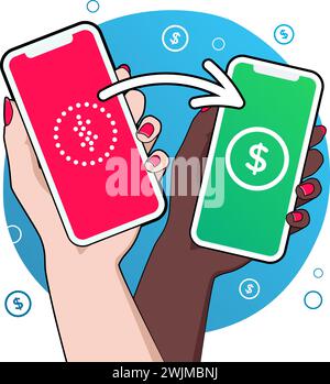 Paiement mobile réussi. Reçu et transféré avec coche à l'écran. Main de femme effectuant des transactions avec smartphone. Illustration de Vecteur