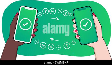 Concept de flux d'argent. Paiement mobile réussi. Reçu et transféré avec coche à l'écran. Main de femme effectuant des transactions avec smartphone. Illustration de Vecteur