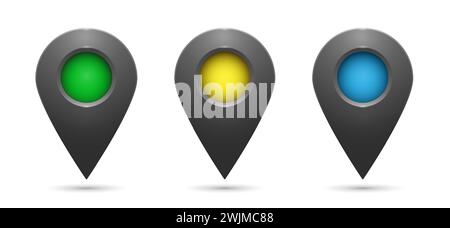 Icônes de géolocalisation grises réalistes avec des inserts colorés sur fond blanc. Illustration de Vecteur