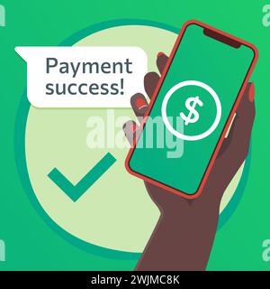 Paiement mobile réussi. Reçu et transféré avec coche à l'écran. Main de femme effectuant des transactions avec smartphone, envoyant et recevant de l'argent. Illustration de Vecteur