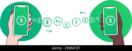 Concept de flux d'argent. Paiement mobile réussi. Reçu et transféré avec coche à l'écran. Main de femme effectuant des transactions avec smartphone. Illustration de Vecteur