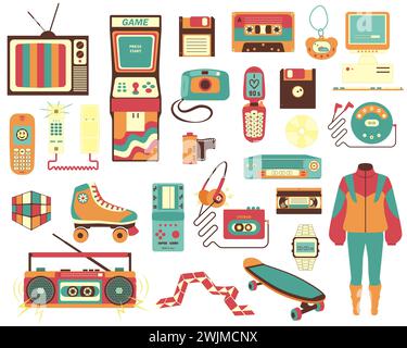 Illustration vectorielle dans le style des années 90. Un grand choix d'articles reflétant l'esprit des années 90, dans des couleurs rétro. Illustration de Vecteur
